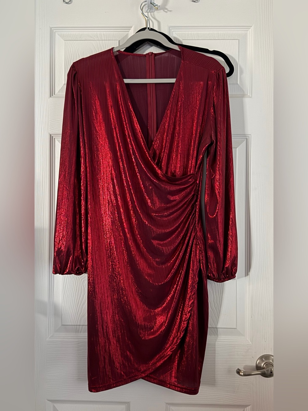 Red Metallic Wrap-Front Women’s Dress